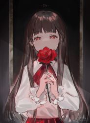 Rule 34 | 1girl, absurdres, blunt bangs, brown hair, character name, collared shirt, commentary, copyright name, english commentary, flower, frilled sleeves, frills, highres, holding, holding flower, ib (ib), ib (kouri), kaneblob, long hair, long sleeves, looking at viewer, nail polish, picture frame, red eyes, red flower, red nails, red rose, rose, shirt, signature, solo, steepled fingers, upper body, white shirt