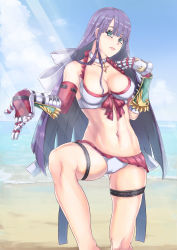 Rule 34 | 1girl, absurdres, asymmetrical gloves, beach, bikini, blue sky, blunt bangs, blunt ends, bow, bracer, breasts, choker, cleavage, cloud, collarbone, cowboy shot, cross, cross choker, day, elbow gloves, fate/grand order, fate (series), filigree, gauntlets, gloves, hair bow, hand on own chest, head tilt, highres, hime cut, knee up, knees, large bow, legs, light40boy, light rays, lips, long hair, looking at viewer, looking to the side, martha (fate), martha (swimsuit ruler) (fate), navel, ocean, open palm, purple hair, red bow, red gloves, ribbon-trimmed gloves, ribbon trim, sand, sky, solo, sunlight, swimsuit, thigh strap, tide, uneven gloves, very long hair, white bikini, white bow