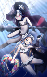 2girls abigail_williams_(fate) abigail_williams_(swimsuit_foreigner)_(fate) abigail_williams_(swimsuit_foreigner)_(first_ascension)_(fate) abigail_williams_(swimsuit_foreigner)_(third_ascension)_(fate) bare_shoulders bikini black_bikini black_bow black_jacket blonde_hair blue_eyes blush bonnet bow breasts colored_skin double_bun dual_persona fate/grand_order fate_(series) forehead hair_bow hair_bun hat highres innertube jacket keyhole long_hair miniskirt multiple_girls navel orange_bow outerrace_ik parted_bangs red_eyes sidelocks skirt small_breasts staff swim_ring swimsuit thighs third_eye twintails unworn_jacket veil very_long_hair white_bikini white_bow white_hair white_hat white_skin