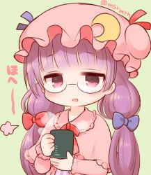 Rule 34 | 1girl, bad id, bad pixiv id, bespectacled, blue bow, blunt bangs, blush, bow, capelet, crescent, cup, double bun, dress, glasses, green background, hair bow, hair bun, hat, holding, holding cup, long hair, long sleeves, looking at viewer, low twintails, mashiro miru, mob cap, parted lips, patchouli knowledge, pink capelet, pink dress, pink eyes, pink hat, purple hair, red bow, red ribbon, ribbon, simple background, smile, solo, steam, touhou, twintails, twitter username, two-handed, very long hair, yunomi
