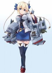 Rule 34 | 1girl, blonde hair, blue eyes, blue ribbon, blue thighhighs, braid, cannon, destroyer, full body, gloves, hair ribbon, half gloves, highres, hswms smaland, long hair, machinery, mecha musume, military, military vehicle, minosu, missile, original, personification, ribbon, ship, smile, solo, standing, thighhighs, torpedo tubes, turret, twin braids, warship, watercraft, white gloves