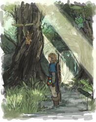 Rule 34 | 1boy, black gloves, blonde hair, blue tunic, boots, brown footwear, creature, earrings, fingerless gloves, forest, full body, gloves, grey pants, highres, jewelry, korok, link, low ponytail, nature, nintendo, pants, pointy ears, profile, shield, shield on back, sidelocks, solo, soraoyogusakana, sunlight, the legend of zelda, the legend of zelda: breath of the wild, tunic, weapon, weapon on back