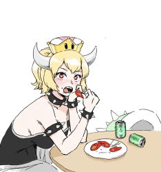 Rule 34 | 1girl, alcohol, armlet, beer, beer can, bowsette, bracelet, can, collar, crown, dress, drink can, eating, heineken, highres, jewelry, long hair, mario (series), matches, new super mario bros. u deluxe, nintendo, osatou, power-up, sharp teeth, simple background, solo, spiked armlet, spiked bracelet, spiked collar, spiked shell, spiked tail, spikes, strapless, strapless dress, super crown, table, tail, teeth, turtle shell, white background
