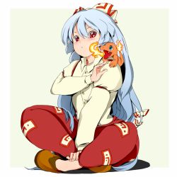 Rule 34 | 1girl, blue hair, blush, bow, charmander, creatures (company), crossover, fire, flame-tipped tail, fujiwara no mokou, game freak, gen 1 pokemon, hair bow, long hair, nintendo, pokemon, pokemon (creature), power connection, red eyes, reri, touhou, white background