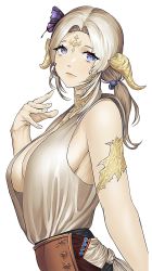 Rule 34 | 1girl, warrior of light (ff14), bad id, bad twitter id, blue eyes, breasts, butterfly hair ornament, cleavage, final fantasy, final fantasy xiv, hair ornament, hand up, highres, horns, large breasts, long hair, looking at viewer, norunollu, original, ponytail, sideboob, simple background, smile, solo, upper body, white background