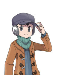Rule 34 | 1boy, asatsuki (fgfff), black hair, brown coat, closed mouth, coat, commentary request, creatures (company), game freak, green scarf, grey eyes, grey hat, grey sweater, hand on headwear, hat, long sleeves, looking at viewer, lucas (pokemon), male focus, nintendo, open clothes, open coat, pokemon, pokemon bdsp, scarf, short hair, simple background, smile, solo, split mouth, sweater, upper body, white background