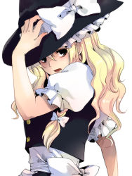 Rule 34 | 1girl, bad id, bad pixiv id, blonde hair, bow, brown eyes, female focus, hair bow, hand on headwear, hat, hidaka ryou, kirisame marisa, long hair, puffy sleeves, simple background, solo, touhou, witch, witch hat