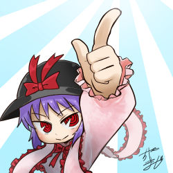 Rule 34 | 1girl, black hat, bow, chamaji, commentary request, frilled shawl, frills, hat, hat bow, hat ribbon, index finger raised, light rays, long sleeves, lowres, nagae iku, partial commentary, profile picture, purple hair, red eyes, ribbon, shawl, signature, smile, solo, touhou, white background