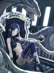 Rule 34 | 1girl, ankle wrap, apple, arm support, arm wrap, black nails, blue flower, blue hair, boots, breasts, chair, earrings, flower, food, fruit, glass apple, hair ornament, halterneck, high heels, highres, holding, indoors, jewelry, light particles, limeblock, long hair, looking at viewer, medium breasts, nail polish, open mouth, original, partially submerged, sidelocks, sitting, slit pupils, snake, solo, stomach, thigh boots, thighhighs, thighs, very long hair, water, white flower, window, yellow eyes