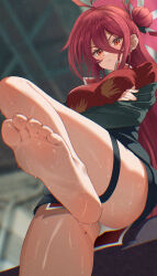 1girl barefoot black_jacket blue_archive blush breasts china_dress chinese_clothes closed_mouth commentary_request crossed_arms dress feet foot_focus from_below halo highres jacket large_breasts leg_up legs long_hair looking_at_viewer mole mole_under_eye ni_tamago_sando panties red_dress red_eyes red_halo reijo_(blue_archive) soles solo sweat thigh_strap toes underwear white_panties