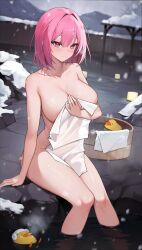 Rule 34 | 1girl, absurdres, areola slip, blurry, breasts, bucket, cleavage, closed mouth, depth of field, highres, holding, holding towel, large breasts, looking at viewer, naked towel, onsen, original, outdoors, pink eyes, pink hair, rubber duck, sbbs, short hair, sitting, smile, snowing, soaking feet, solo, towel, water, wet, winter, wooden bucket