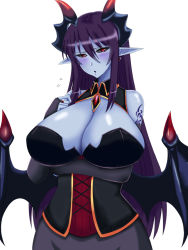 Rule 34 | 1girl, arm under breasts, bare shoulders, black sclera, blue skin, blush, breasts, bridal gauntlets, cleavage, colored sclera, colored skin, commentary request, corset, demon (monster girl encyclopedia), demon girl, demon horns, demon wings, elbow gloves, gloves, hair between eyes, highres, horns, huge breasts, large breasts, long hair, looking at viewer, monster girl, monster girl encyclopedia, murayama nakoto, nakoto oekaki, open mouth, pointy ears, purple hair, red eyes, simple background, slit pupils, solo, upper body, white background, wings