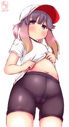 Rule 34 | 1girl, alternate costume, artist logo, bike shorts, clothes lift, dated, flat cap, from below, gluteal fold, gradient hair, gym shirt, gym uniform, hat, highres, kanon (kurogane knights), kantai collection, lifted by self, long hair, looking at viewer, looking down, multicolored hair, purple eyes, purple hair, school uniform, serafuku, shirt, shirt lift, short sleeves, signature, simple background, smile, solo, tsushima (kancolle), white background, white shirt