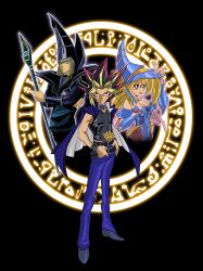 Rule 34 | 1girl, 2boys, absurdres, bare shoulders, belt, black background, blonde hair, blue eyes, blush stickers, boots, breasts, bridal gauntlets, capelet, chain, choker, cleavage, crossed arms, dark magician, dark magician girl, denim, duel monster, dyed bangs, full body, highres, horoko, jeans, light smile, looking at viewer, magic circle, multicolored hair, multiple boys, muto yugi, open mouth, pants, pentacle, purple eyes, purple hair, sleeveless, spiked hair, staff, upper body, wand, yami yugi, yu-gi-oh!, yu-gi-oh! duel monsters