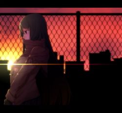 Rule 34 | 1girl, bad id, bad pixiv id, black hair, blush, brown eyes, building, chain-link fence, covering own mouth, fence, gloves, irohara mitabi, jacket, long hair, mouth hidden, original, scarf, solo, sunset