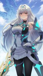Rule 34 | 1girl, aegis sword (xenoblade), alternate costume, bare shoulders, blue eyes, breasts, chest jewel, cosplay, doiparuni, dress, earrings, elbow gloves, ethel (xenoblade), gloves, highres, jewelry, large breasts, long hair, mythra (massive melee) (xenoblade), mythra (xenoblade), mythra (xenoblade) (cosplay), nintendo, short dress, solo, super smash bros., thigh strap, tiara, very long hair, xenoblade chronicles (series), xenoblade chronicles 2, xenoblade chronicles 3