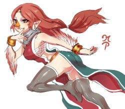 Rule 34 | 1girl, ass, bangle, beak, black thighhighs, bracelet, breasts, brown hair, china dress, chinese clothes, circlet, dress, finger to mouth, jewelry, long hair, low-tied long hair, maniacpaint, medli, monster girl, nintendo, aged up, panties, pantyshot, pointy ears, ponytail, red eyes, rito, sarashi, scarf, sideboob, smile, solo, the legend of zelda, the legend of zelda: the wind waker, thighhighs, underwear, white panties, wings