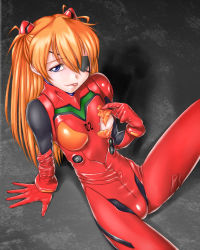 Rule 34 | 10s, 1girl, ^jj^, blue eyes, bodysuit, cowboy shot, evangelion: 3.0 you can (not) redo, eyepatch, from above, grey background, hair between eyes, hair ornament, half-closed eyes, highres, latex, long hair, looking at viewer, neon genesis evangelion, orange hair, parted bangs, plugsuit, rebuild of evangelion, sitting, solo, souryuu asuka langley, spread legs, tongue, tongue out, torn bodysuit, torn clothes, two side up
