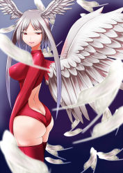 Rule 34 | 1girl, akimichi, angel wings, ass, back, back cutout, blue background, blurry, bodysuit, breasts, butt crack, clothing cutout, cowboy shot, depth of field, expressionless, feathers, final fantasy, final fantasy tactics, from side, gradient background, grey hair, half-closed eyes, head wings, large breasts, leotard, long hair, looking back, parted bangs, red eyes, red leotard, red thighhighs, short hair with long locks, sidelocks, solo, thighhighs, turtleneck, ultima (fft), white wings, wings