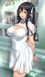 Rule 34 | 1girl, arms behind back, bangle, black hair, blush, bracelet, breasts, cleavage, cleavage cutout, clothing cutout, day, dress, elf, elf (houtengeki), female focus, highres, houtengeki, jewelry, large breasts, long hair, looking at viewer, necklace, open mouth, original, pointy ears, smile, solo, sundress, twintails, yellow eyes