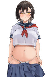 Rule 34 | 1girl, absurdres, black hair, blouse, blue sailor collar, blue skirt, blush, breasts, closed mouth, clothes pull, commentary, cowboy shot, crop top, crop top overhang, cropped shirt, english commentary, hair ornament, highres, large breasts, looking at viewer, navel, neckerchief, neneneji, original, panda hair ornament, panties, pleated skirt, plump, pout, pull, red neckerchief, sailor collar, school uniform, serafuku, shirt, shirt tucked in, short hair, short sleeves, simple background, skindentation, skirt, skirt pull, sleeve cuffs, solo, standing, underwear, white background, white panties, white shirt, yellow eyes