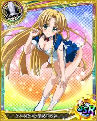 Rule 34 | 10s, 1girl, ahoge, asia argento, bent over, bishop (chess), blonde hair, bow, bowtie, breasts, card (medium), character name, chess piece, cleavage, collarbone, eyebrows, green eyes, hand on own knee, high school dxd, long hair, looking at viewer, medium breasts, official art, red bow, smile, solo, torn clothes, trading card