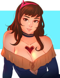 Rule 34 | 1girl, bare shoulders, black choker, borrowed character, breasts, brown eyes, brown hair, choker, cleavage, collarbone, commentary, dress, english commentary, hairband, heart cutout, hole in chest, hole on body, koyorin, long hair, looking at viewer, mea koenig, medium breasts, no bra, off-shoulder dress, off shoulder, original, pink hairband, solo
