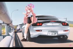Rule 34 | 1girl, absurdres, black footwear, black skirt, blue archive, car, collared shirt, day, double bun, earrings, fake horns, fang, hair bun, halo, highres, horns, jewelry, kirara (blue archive), long hair, looking at viewer, motor vehicle, nougat (73r1r1), open mouth, outdoors, pink eyes, pink hair, pink halo, shirt, shoes, short sleeves, skirt, smile, socks, solo, white shirt, white socks