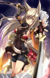 Rule 34 | 1girl, animal ears, armpits, asymmetrical gloves, bike shorts, boots, breasts, brown eyes, brown hair, cowboy shot, dual wielding, fingerless gloves, fox ears, fox tail, gloves, gradient background, hair between eyes, highres, holding, katana, long hair, looking at viewer, mismatched gloves, multiple tails, open mouth, original, sideboob, silver hair, solo, sword, tail, tsurime, weapon, yoshizawa tsubaki