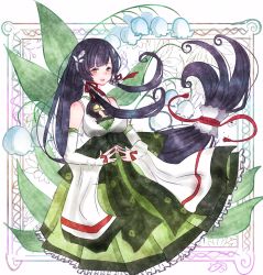 Rule 34 | 10s, 1girl, :d, bare shoulders, black hair, bridal gauntlets, detached sleeves, dress, floral background, flower, furisode, green dress, hair ornament, hair ribbon, hair tubes, hakama, hakama skirt, highres, japanese clothes, kantai collection, kimono, lily of the valley, long hair, looking at viewer, low-tied long hair, mizuho (kancolle), nora (salatto), obi, open mouth, ribbon, sash, sidelocks, skirt, smile, solo, very long hair