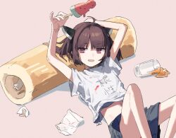 Rule 34 | 1girl, ahoge, alternate costume, arm up, black skirt, blade, brown eyes, brown hair, casual, commentary request, cup, drinking glass, feet out of frame, food, food wrapper, headgear, highres, hitogome, holding, holding food, holding ice cream, ice cream, jitome, kiritanpo (food), knees up, looking at viewer, lying, melting, midriff peek, on back, open mouth, oversized food, oversized object, pinky out, popsicle, popsicle stick, print shirt, reclining, shirt, short twintails, skirt, smile, solo, spill, stained clothes, touhoku kiritan, twintails, v-shaped eyebrows, voiceroid, watermelon bar