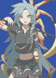 Rule 34 | 1girl, blue background, blue eyes, breasts, bug, centipede, contrapposto, cowboy shot, crop top, earrings, grey hair, highres, himemushi momoyo, jewelry, large breasts, legs apart, long hair, looking at viewer, messy hair, midriff, nail polish, navel, open mouth, orange nails, raised eyebrow, shirt, simple background, skirt, solo, touco to, touhou, very long hair