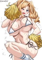 Rule 34 | 1girl, akasaka4005, bikini, blonde hair, bouncing breasts, breasts, cheering, drill hair, grey eyes, highres, holding, holding pom poms, honolulu (kancolle), kantai collection, large breasts, long hair, pom pom (cheerleading), pom poms, shoes, side-tie bikini bottom, sneakers, socks, solo, standing, standing on one leg, string bikini, sweat, swimsuit, twin drills, twintails, white bikini, white footwear, white socks