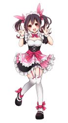 Rule 34 | 10s, 1girl, black hair, blush, bow, bow legwear, bowtie, double m/, dress, female focus, frilled skirt, frills, full body, garter straps, hair bow, long hair, looking at viewer, love live!, love live! school idol project, m/, maid, maid headdress, mogyutto &quot;love&quot; de sekkin chuu!, nanase eka, nico nico nii, open mouth, puffy sleeves, red eyes, shoes, short sleeves, skirt, smile, solo, standing, standing on one leg, thighhighs, twintails, white background, white thighhighs, yazawa nico, zettai ryouiki