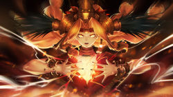 Rule 34 | 1girl, aztec, bangle, blonde hair, blueorca, blurry, blurry foreground, bracelet, bracer, broken, chin piercing, collar, commentary, crack, cracked skin, earrings, energy, eyebrows, eyelashes, fate/grand order, fate (series), feathers, fire, floating hair, frown, glowing, glowing eyes, hair intakes, hair tubes, hair up, hands up, headband, headdress, highres, jewelry, lips, long hair, looking at viewer, nail polish, neck ring, necklace, open hand, open mouth, outstretched hand, pink lips, poncho, quetzalcoatl (fate), red headband, solo, sparks, spread fingers, torn clothes, upper body, v-shaped eyebrows, yellow eyes