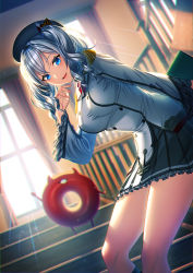 Rule 34 | 1girl, 1other, arm up, beret, blue eyes, breasts, commentary request, enemy lifebuoy (kancolle), epaulettes, frilled sleeves, frills, hat, indoors, jacket, kantai collection, kashima (kancolle), large breasts, long sleeves, looking at viewer, miniskirt, pleated skirt, silver hair, sitting, skirt, smile, solo, twintails, uniform, unowen, wavy hair, window