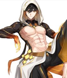 Rule 34 | 1boy, abs, alternate costume, baggy pants, barefoot, black hair, closed mouth, clothing request, commentary request, diamond-shaped pupils, diamond (shape), eyeliner, eyeshadow, genshin impact, gradient hair, hair between eyes, highres, hood, hood up, korean commentary, long hair, long sleeves, lyoo (cacj5482), makeup, multicolored hair, navel, orange hair, pants, ponytail, red eyeshadow, simple background, solo, symbol-shaped pupils, toned, toned male, white background, yellow eyes, zhongli (genshin impact)