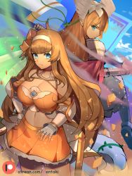 Rule 34 | 2girls, armor, bare shoulders, blonde hair, blue eyes, blue sky, bow, breasts, cape, choker, cleavage, closed mouth, cloud, crop top, day, dragalia lost, expressionless, fingerless gloves, flag, flower, gauntlets, gloves, grey gloves, hair flower, hair ornament, hairband, hand on own hip, head wings, hentaki, highres, holding, holding flag, jeanne d&#039;arc (dragalia lost), julietta (dragalia lost), large breasts, light particles, long hair, looking at viewer, midriff, miniskirt, multiple girls, navel, orange bow, orange choker, orange skirt, patreon username, pointy ears, red cape, shoulder armor, sidelocks, skirt, sky, smoke, sparkle, standing, stomach, white flower, wings