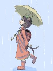 Rule 34 | 1girl, alvis (artist), backpack, bag, boots, chen, female focus, highres, jaguji (jaguzzi), profile, rain, raincoat, randoseru, rubber boots, solo, touhou, umbrella