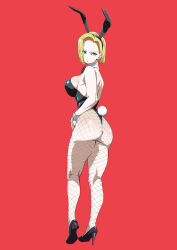 Rule 34 | 1girl, android 18, animal ears, ass, black leotard, blonde hair, blue eyes, breasts, detached collar, dragon ball, dragonball z, fake animal ears, fake tail, fishnet pantyhose, fishnets, from behind, heels, high heels, highres, ika daishougun, large breasts, legs, leotard, looking at viewer, looking back, pantyhose, playboy bunny, rabbit ears, rabbit tail, red background, short hair, sideboob, simple background, solo, standing, strapless, strapless leotard, tail, wrist cuffs
