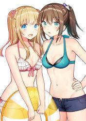 Rule 34 | 2girls, :d, bad id, bad pixiv id, bare arms, bare shoulders, bikini, bikini top only, blonde hair, blue bikini, blue eyes, blue shorts, blush, bow, breasts, brown hair, collarbone, commentary request, flower, green eyes, hair between eyes, hair flower, hair ornament, halterneck, hand on own hip, holding, holding swim ring, innertube, kurata rine, long hair, looking at viewer, multiple girls, navel, open clothes, open fly, open mouth, open shorts, original, parted lips, pink flower, ponytail, short shorts, shorts, simple background, small breasts, smile, swim ring, swimsuit, transparent, two side up, white background, white bikini