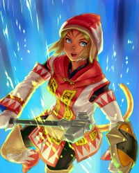 Rule 34 | 00s, 1girl, blonde hair, blue eyes, buckler, cat tail, facial mark, final fantasy, final fantasy xi, gloves, hat, mace, mithra (ff11), open mouth, pouch, shield, solo, tail, war hammer, warhammer, weapon, white mage (final fantasy), yuccoshi