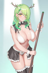 Rule 34 | 1girl, antlers, bikini, black skirt, black thighhighs, braid, breasts, ceres fauna, cleavage, eyes visible through hair, green hair, highres, holding, hololive, hololive english, horns, large breasts, long hair, looking at viewer, maid, maid bikini, mole, mole under eye, panties, secon, shrug (clothing), skirt, swimsuit, thighhighs, thighs, unconventional maid, underwear, virtual youtuber, white bikini, wrist cuffs