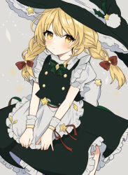 Rule 34 | 1girl, absurdres, alternate hairstyle, black hat, black skirt, black vest, blonde hair, bow, bowtie, braid, closed mouth, gloves, green bow, green bowtie, hat, highres, kirisame marisa, looking at viewer, necono (nyu6poko), shirt, side braids, simple background, skirt, solo, star (symbol), touhou, twin braids, vest, white background, white gloves, white shirt, witch hat, yellow eyes