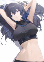 1girl blue_archive blue_eyes blue_hair blue_halo buckle chest_harness halo harness highres lying navel on_back saori_(blue_archive) shirt simple_background sleeveless sleeveless_shirt snap-fit_buckle solo upper_body white_background yu_(ba9ama)