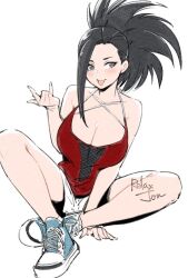 Rule 34 | 1girl, alternate costume, arm support, artist name, bare shoulders, black eyes, black hair, boku no hero academia, breasts, cleavage, grey background, grey footwear, hand up, large breasts, legs apart, long hair, relaxjon, shoes, shorts, simple background, sitting, smile, solo, tongue, tongue out, white shorts, yaoyorozu momo