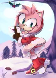 Rule 34 | 1girl, amy rose, black gloves, christmas, cuteytcat, dress, furry, furry female, gloves, green eyes, highres, holding, holding letter, holly, letter, looking at viewer, open mouth, outdoors, pinecone, red dress, red footwear, snow, sonic (series), tree