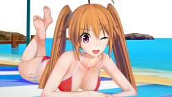 Rule 34 | 1girl, absurdres, arm support, beach, bikini, breasts, cleavage, feet, high school dxd, highres, large breasts, legs, looking at viewer, lying, ocean, on stomach, one eye closed, open mouth, orange hair, purple eyes, red bikini, shidou irina, smile, solo, swimsuit, the pose, thighs, towel, water, wink