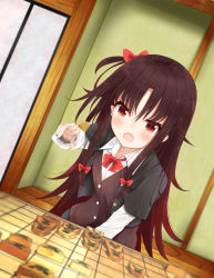 Rule 34 | 10s, 1girl, :o, bad id, bad pixiv id, black jacket, black skirt, blurry, blurry background, board game, bow, bowtie, brown eyes, brown hair, brown vest, commentary request, depth of field, dutch angle, fingernails, gradient hair, hair between eyes, hair bow, highres, holding, indoors, jacket, layered sleeves, long hair, long sleeves, looking at viewer, multicolored hair, one side up, open mouth, red bow, red bowtie, ryuuou no oshigoto!, sashima, shirt, shogi, short over long sleeves, short sleeves, sidelocks, skirt, solo, v-shaped eyebrows, very long hair, vest, white shirt, yashajin ai
