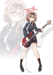 Rule 34 | 1girl, alternate costume, alternate hairstyle, bass guitar, black footwear, black shirt, black skirt, blue archive, braid, brown hair, brown socks, chinatsu (blue archive), collared shirt, commentary request, fender precision bass, full body, glasses, hair between eyes, hairband, halo, highres, holding, holding instrument, instrument, kneehighs, long hair, long sleeves, looking at viewer, music, necktie, pencil skirt, playing instrument, pointy ears, shirt, shoes, sidelocks, simple background, single braid, skirt, smile, sneakers, socks, solo, standing, tie clip, white necktie, yellow eyes, yukimi unagi, zoom layer